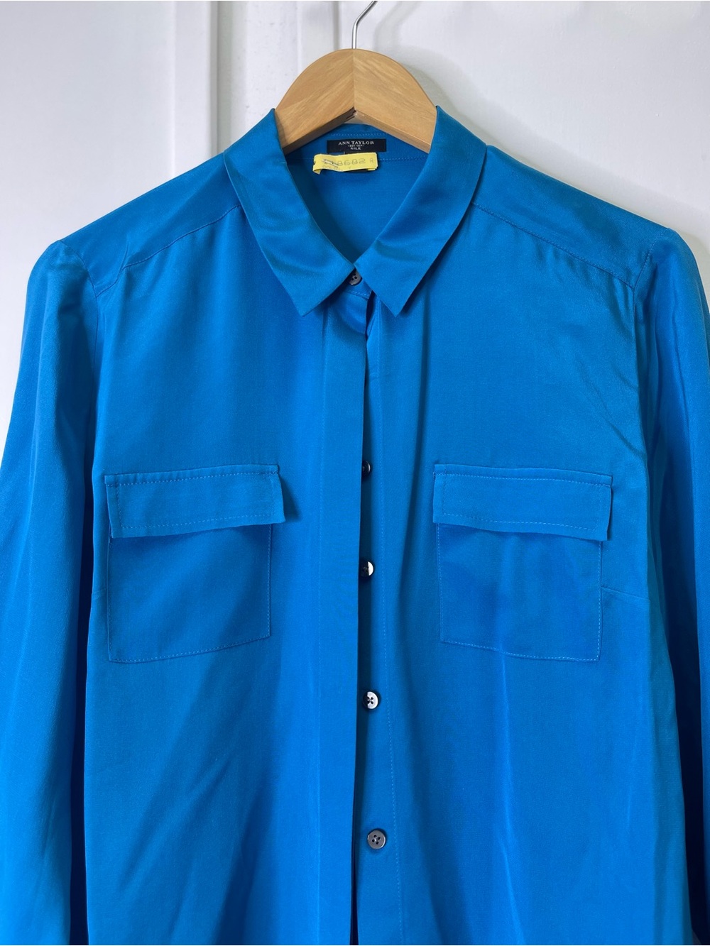 Ann Taylor 100% Silk Camp Blouse Blue Utility Shirt approx M (8-10)